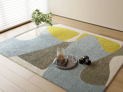 Square Rug Geometric Blue Yellow Gray Pattern on Wooden Floor with Tray Glass and Dumbbells 3d model