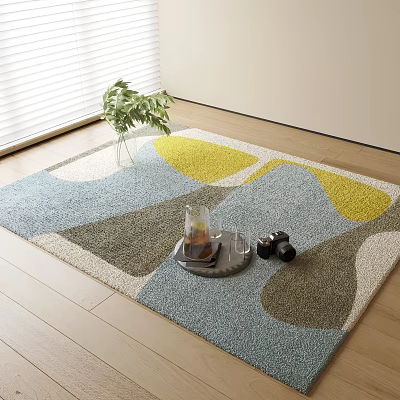 Square Rug Geometric Blue Yellow Gray Pattern on Wooden Floor with Tray Glass and Dumbbells 3d model