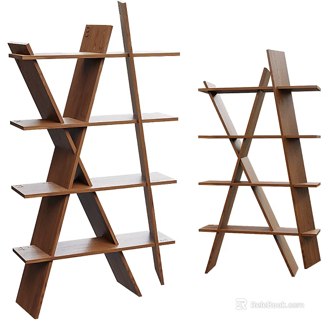Modern Wooden Shelving Units With Geometric Cross Structure And Open Layers 3d model 