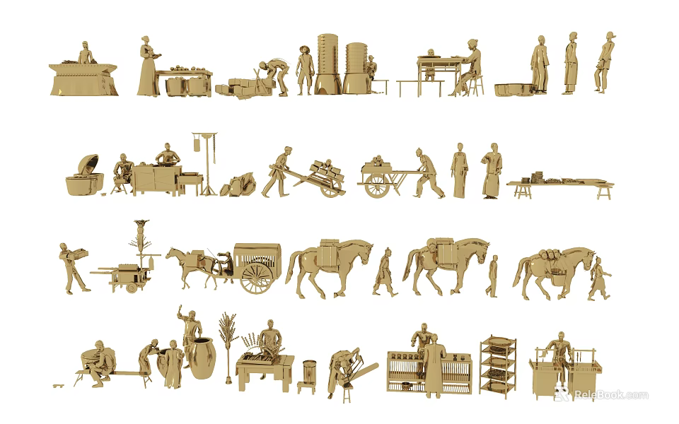 Traditional Landscape Sculptures Featuring Carved Figures Animals Carriages Tools And Furniture 3d model 