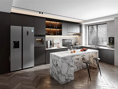 Modern Kitchen Interior Design With Marble Island Dark Cabinets And Appliances 3d model