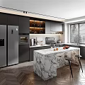 Modern Kitchen Interior Design With Marble Island Dark Cabinets And Appliances
