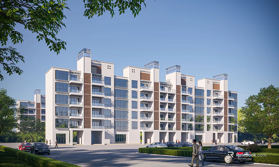 Modern School Building Exterior Featuring Multistory Design Large Windows Green Trees And Pedestrians Walking Nearby 3d model 