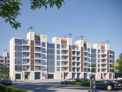 Modern School Building Exterior Featuring Multistory Design Large Windows Green Trees And Pedestrians Walking Nearby 3d model