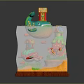 Green Whale in Transparent Cube with Small House on Back Colorful Fish and Orange Base