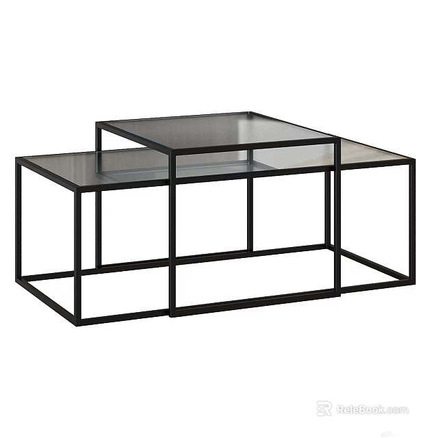 Modern Nesting Coffee Table Set With Black Metal Frame And Glass Top 3d model