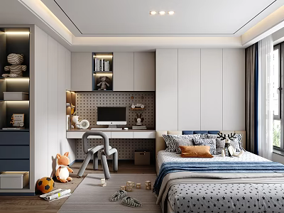 Tatami Bedroom Interior With Desk Computer Bookshelf Toys And Window View 3d model