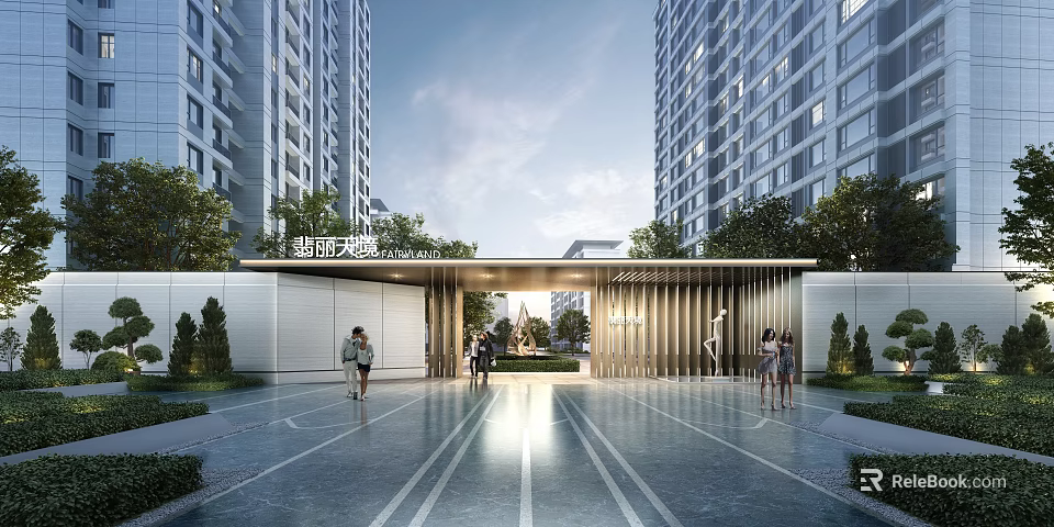 Modern Entrance Gate of Wangyue Tianfu with High rise Buildings Green Plants and People Around 3d model 