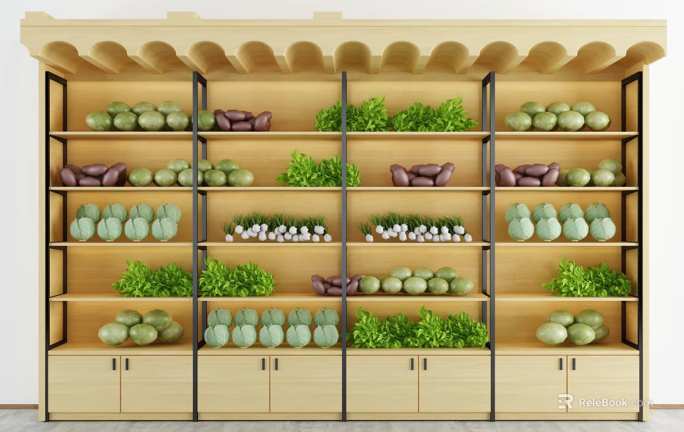 Multi tiered Wooden Display Shelves With Assorted Fresh Vegetables Neatly Arranged in Retail Shop 3d model 