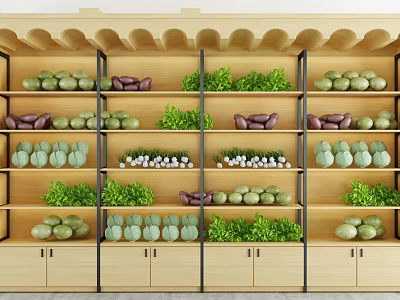 Multi tiered Wooden Display Shelves With Assorted Fresh Vegetables Neatly Arranged in Retail Shop 3d model