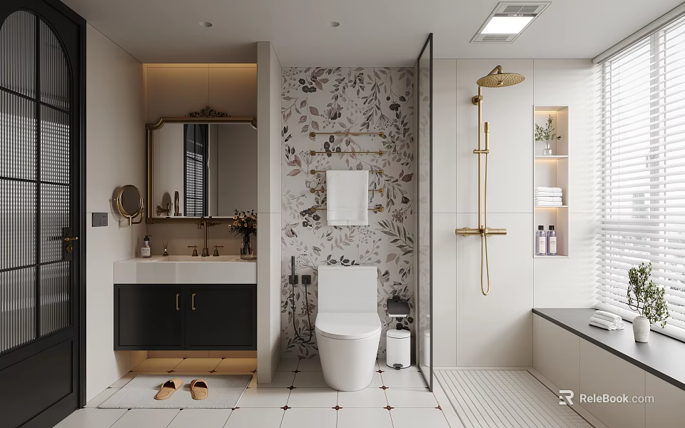 Elegant Bathroom Interior With Floral Wallpaper Gold Shower Fixtures Vanity Mirror And Tile Floor 3d model 