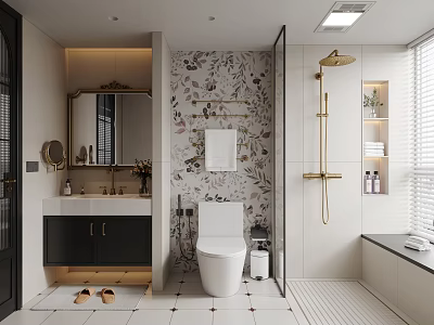 Elegant Bathroom Interior With Floral Wallpaper Gold Shower Fixtures Vanity Mirror And Tile Floor 3d model