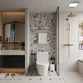 Elegant Bathroom Interior With Floral Wallpaper Gold Shower Fixtures Vanity Mirror And Tile Floor