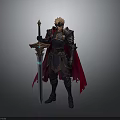 3D Rendered Knight In Black Armor With Red Cape And Blue Glow Sword Standing Upright