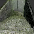 Mossy Broken Brick Stairs With Weathered Concrete Walls And Metal Door