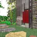 Beautiful Courtyard Garden with Bamboo Plants Red Flowers Green Lawn and Stone Pathway