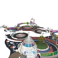 Modern Park Landscape With Colorful Circular Paths Play Areas Trees And Decorative Towers