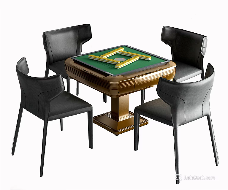 Modern Entertainment Table with Green Surface Gold Mahjong Tiles Black Leather Chairs and Wooden Base 3d model 