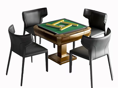 Modern Entertainment Table with Green Surface Gold Mahjong Tiles Black Leather Chairs and Wooden Base 3d model