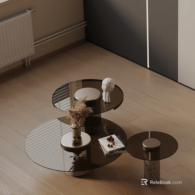 Modern Glass Coffee Table Set With Round Design And Decorative Items 3d model 