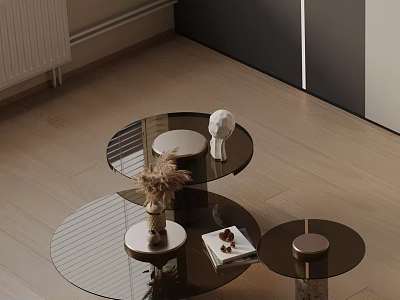 Modern Glass Coffee Table Set With Round Design And Decorative Items 3d model