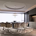 Modern Restaurant Interior With Round Dining Table Chairs Pendant Light Kitchen Cabinets And Patterned Rug 3d model