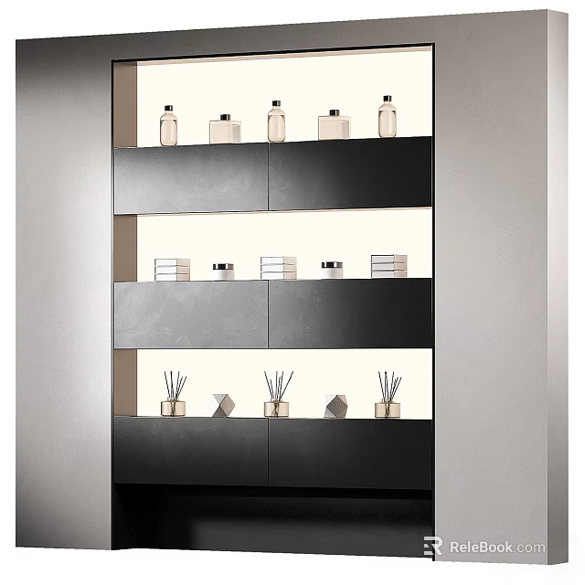Stylish Modern Black Sideboard Cabinet With Three Shelves And Decorative Items 3d model 