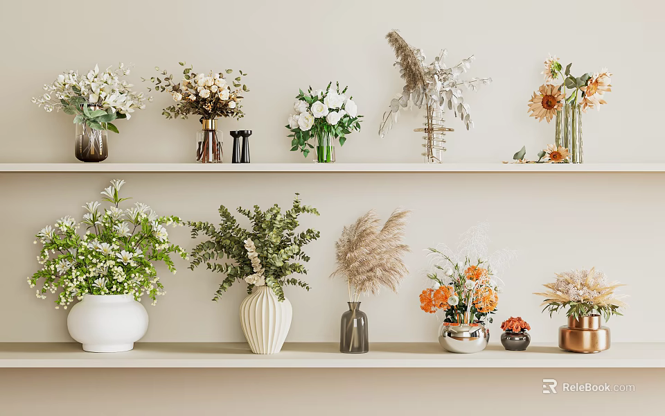 Stylish Interior Wall Shelves With Assorted Vases And Diverse Decorative Flowers 3d model 