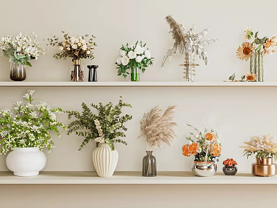 Stylish Interior Wall Shelves With Assorted Vases And Diverse Decorative Flowers 3d model