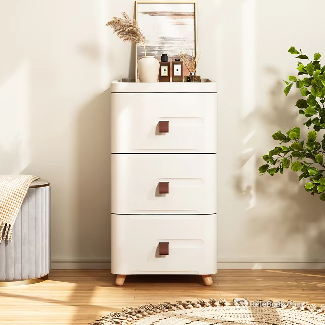 White Three Drawer Chest of Drawers With Red Handles Near Green Plant On Wooden Floor 3d model 