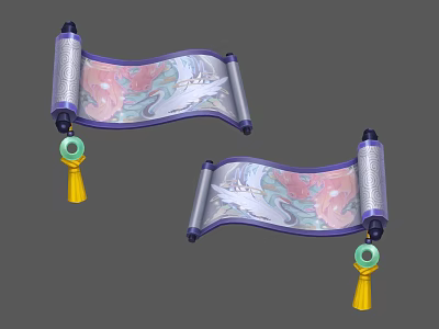 Two Ornate Decorative Scrolls With Colorful Dragon Patterns And Yellow Tassels 3d model