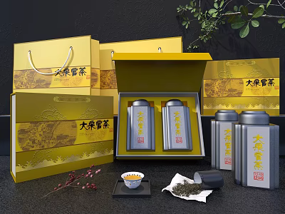 Elegant Tea Set With Yellow Gift Boxes Silver Canisters And Tea Leaves 3d model
