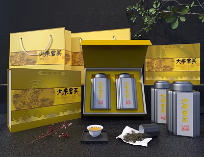 Elegant Tea Set With Yellow Gift Boxes Silver Canisters And Tea Leaves 3d model