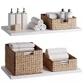 Stylish Decorative Storage Basket Set With Folded White Towels And Lotion Bottles On White Shelves