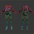 Futuristic Techwear Suit Design With Neon Purple Blue Gradient And Glowing Details Front Back Views