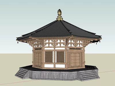 Ancient Pavilion With Black Tiled Roof Golden Ornament Wooden Structure And Stone Steps 3d model
