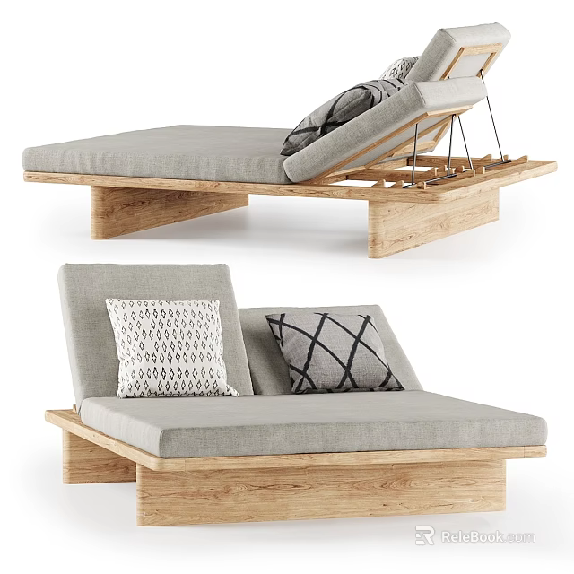 Modern Sofa Bench With Wooden Frame Gray Cushion And Decorative Patterned Pillows 3d model