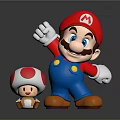 Super Mario Game Character And Mushroom Figure In Red Hat Blue Overalls With Raised Hand