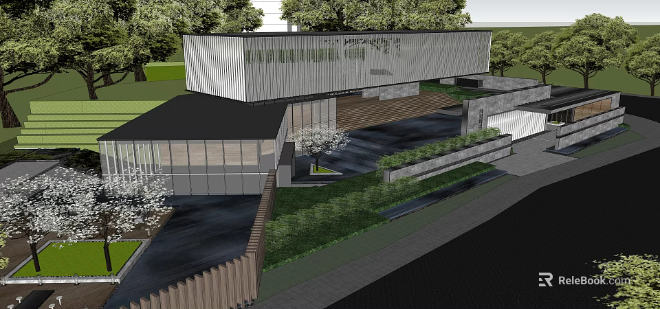Modern Sales Office Building Exterior With Metal Cladding Landscaping And Water Features 3d model 