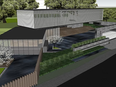 Modern Sales Office Building Exterior With Metal Cladding Landscaping And Water Features 3d model