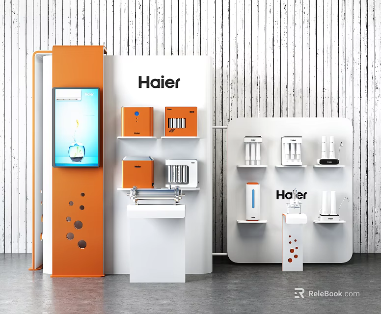 Haier Public Exhibition Booth With Orange White Shelves Digital Screen And Home Appliances 3d model 