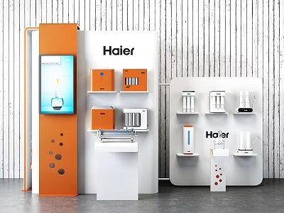 Haier Public Exhibition Booth With Orange White Shelves Digital Screen And Home Appliances 3d model