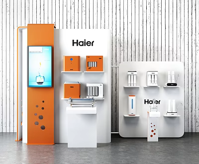 Haier Public Exhibition Booth With Orange White Shelves Digital Screen And Home Appliances 3d model