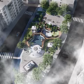 Urban Park with Central Circular Water Feature Lush Trees and Walkways Near High Rises