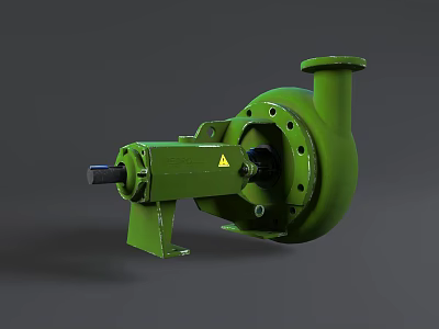 Green Industrial Pump Mechanical Device With Circular Body Shaft Base And Yellow Warning Sign 3d model