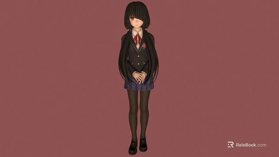 Anime School Girl Character With Black Hair Blue Plaid Skirt Red Tie And Red Background 3d model 