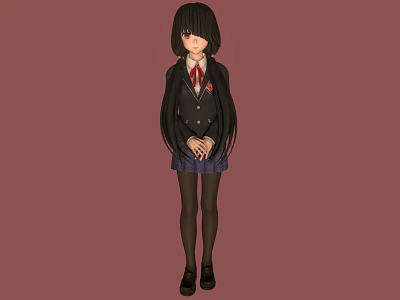 Anime School Girl Character With Black Hair Blue Plaid Skirt Red Tie And Red Background 3d model
