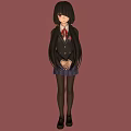 Anime School Girl Character With Black Hair Blue Plaid Skirt Red Tie And Red Background