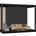 Modern Outdoor Pergola Interior With Beige Sofa Gray Armchair And Wooden Accents