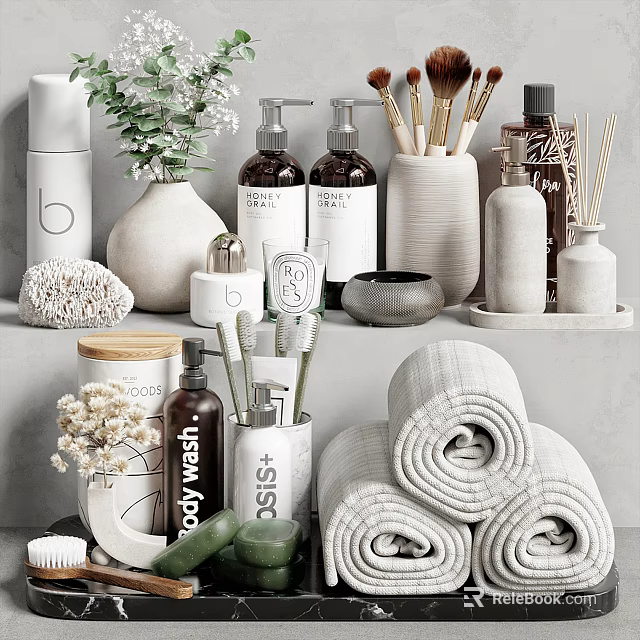 Essential Bathroom Accessories Including Rolled Towels Body Wash Bottles And Ceramic Containers 3d model 